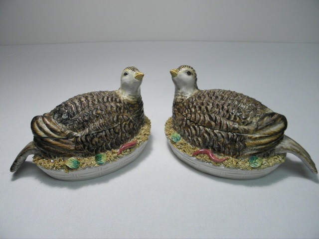 Pair Bassano ceramic figural hen