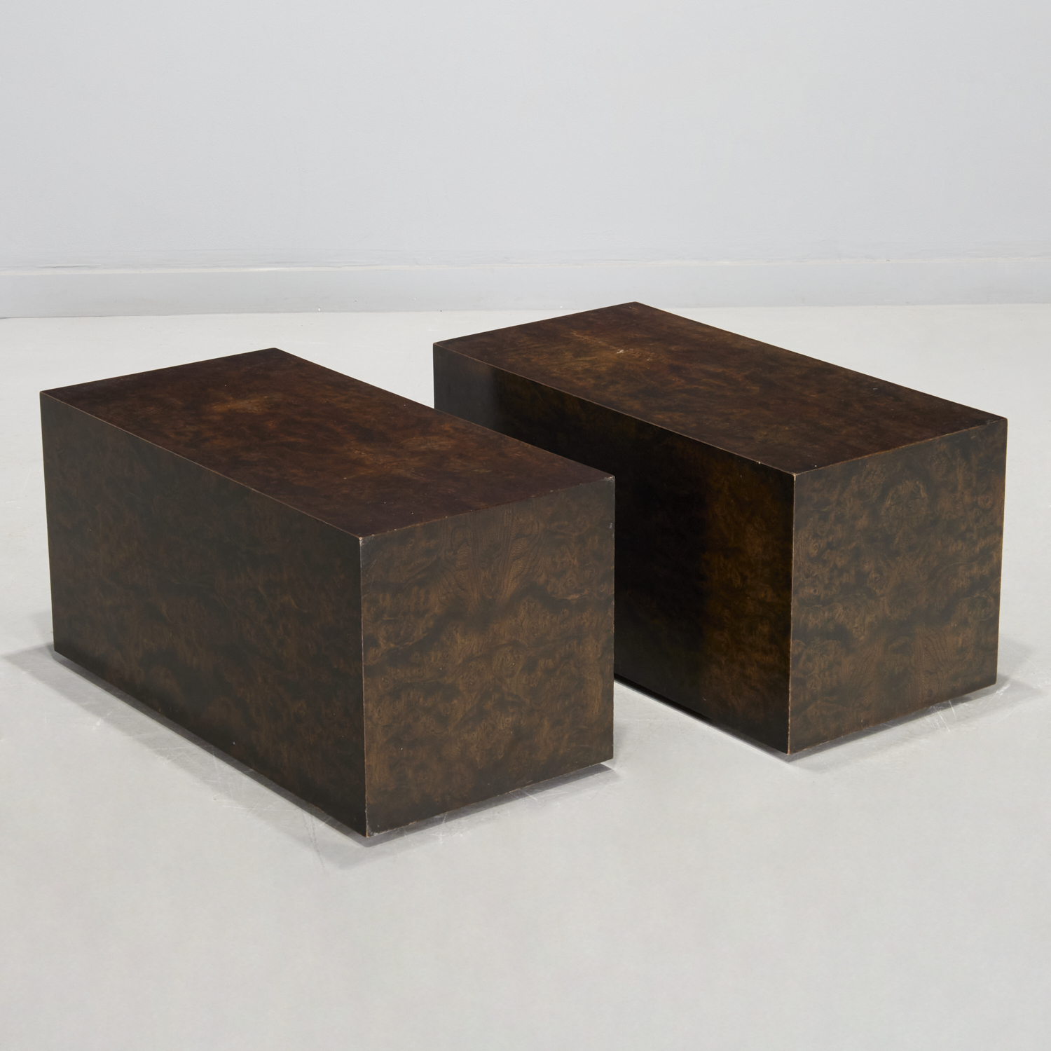 PAIR BAUGHMAN STYLE BURL VENEER LOW