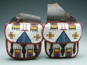 Pair beaded leather saddlebags