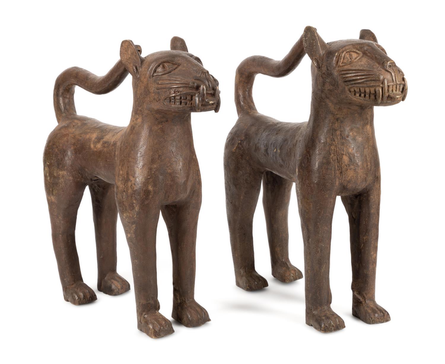 PAIR BENIN BRONZE GUARDIAN LEOPARDS