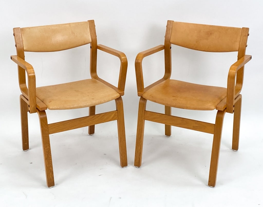 PAIR BENTWOOD OAK & LEATHER