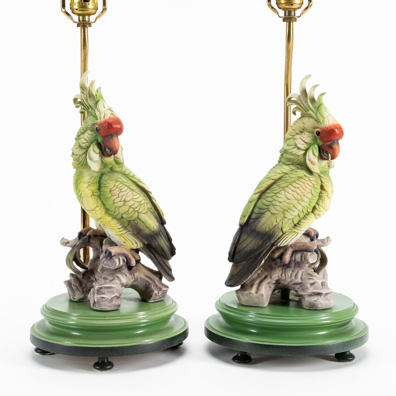 PAIR, BISQUE PORCELAIN PARROT TABLE