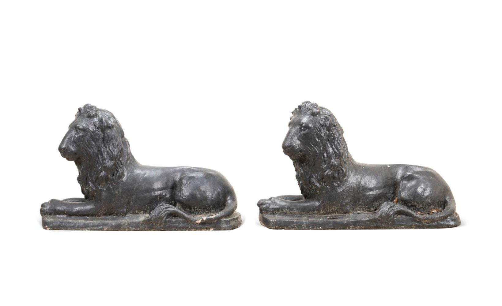 PAIR BLACK PAINTED CONCRETE LION