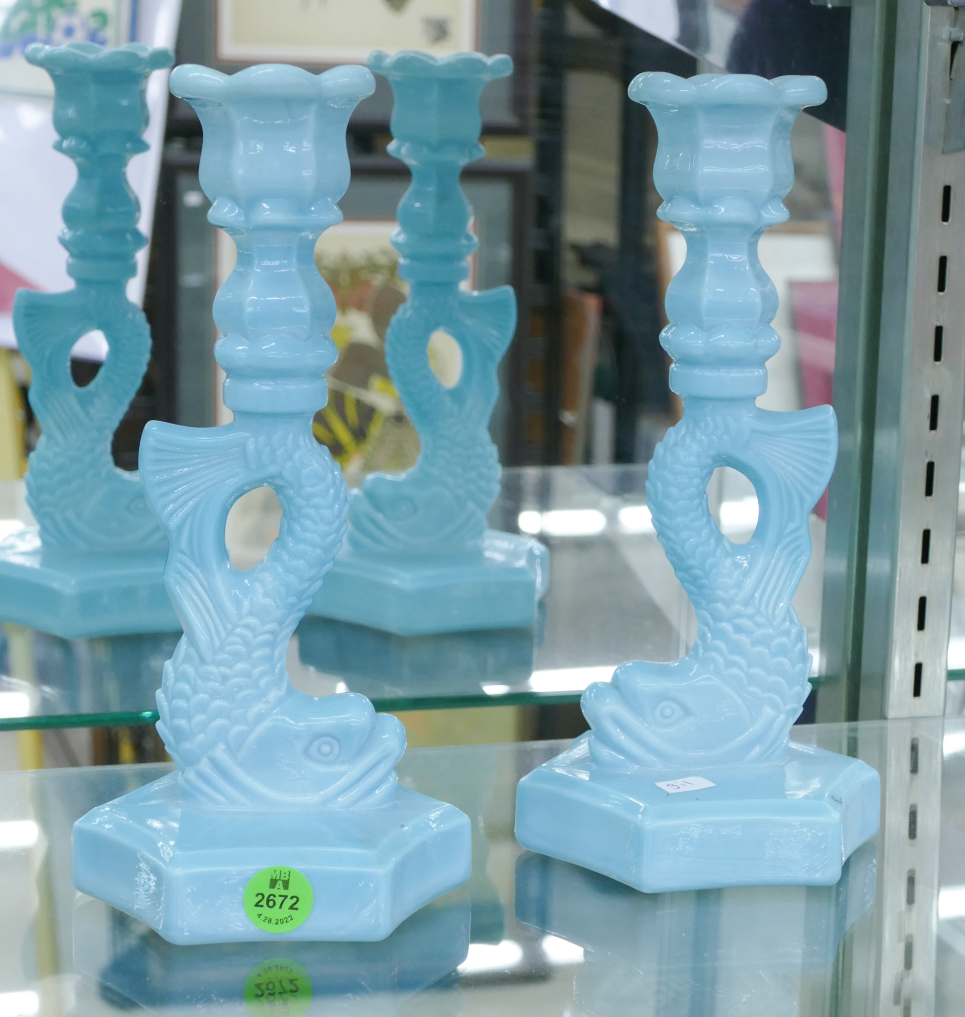 Pair Blue Glass Dolphin