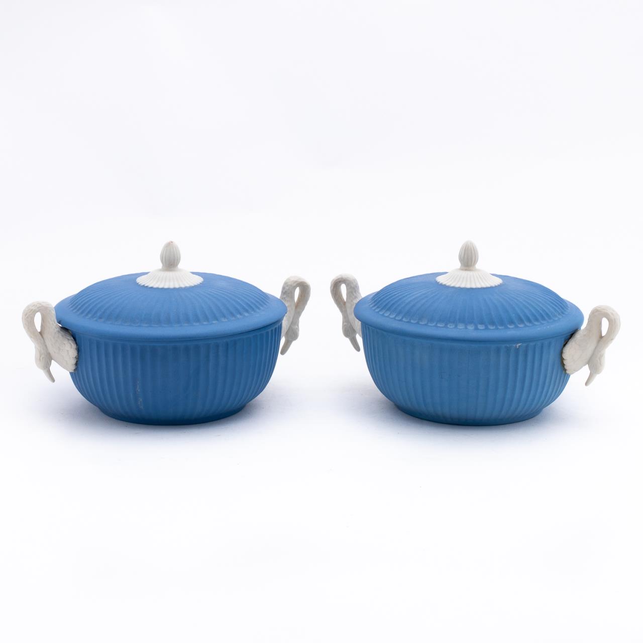 PAIR, BLUE JASPERWARE STYLE COVERED