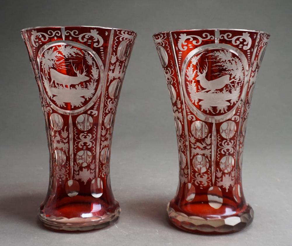 PAIR BOHEMIAN ETCHED CRANBERRY