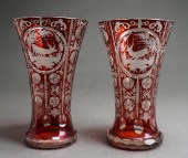PAIR BOHEMIAN ETCHED CRANBERRY