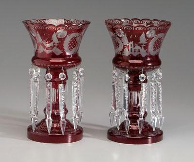 Pair Bohemian glass lusters: ruby