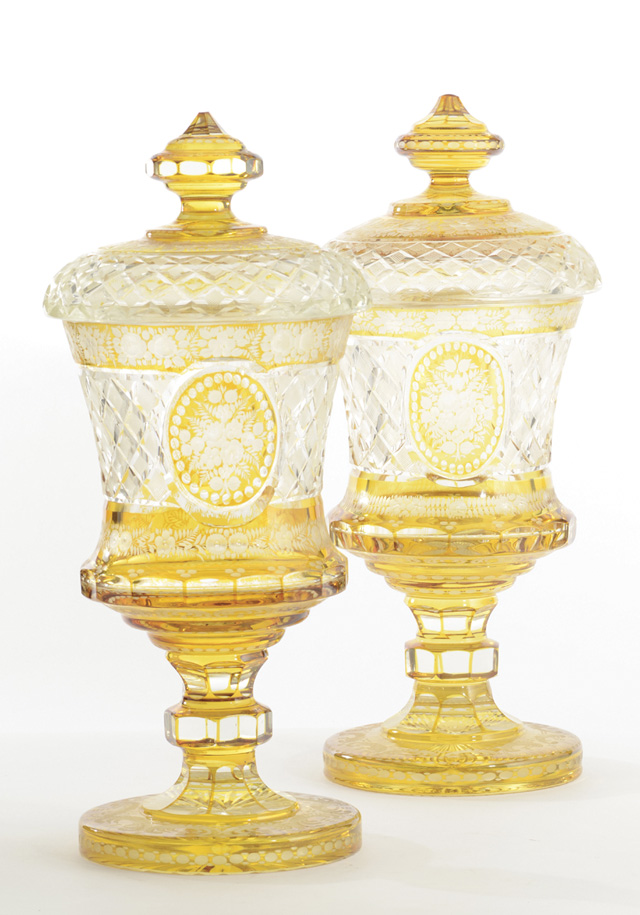 PAIR BOHEMIAN HAND CUT AND ENGRAVED