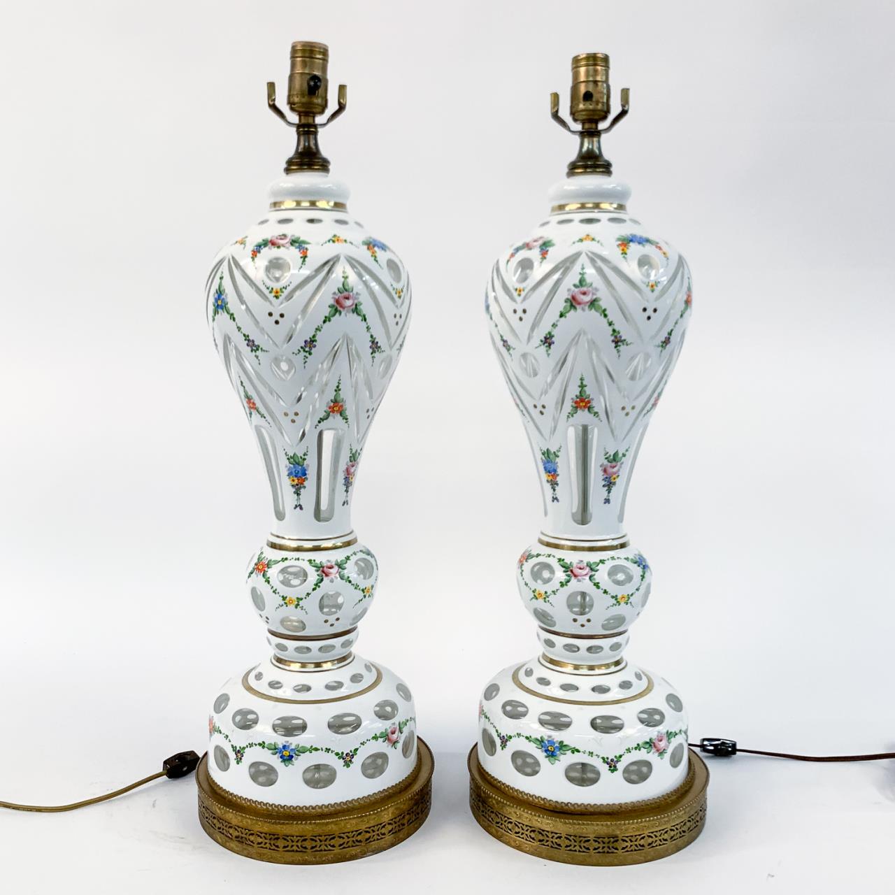 PAIR, BOHEMIAN WHITE FLORAL CASED