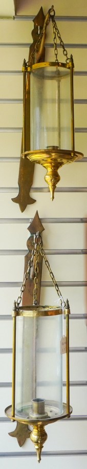PAIR BRASS AND GLASS SHADE HAN