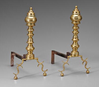 Pair brass andirons: baluster posts