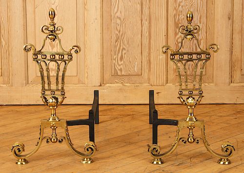 PAIR BRASS ANDIRONS IN