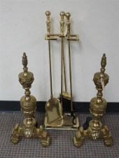 PAIR BRASS ANDIRONS, TOOL STAN