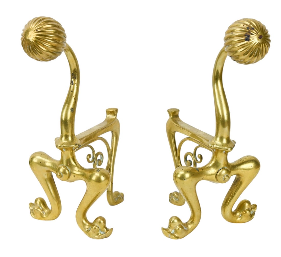 PAIR BRASS BALL FIRE DOGS FIREPLACE