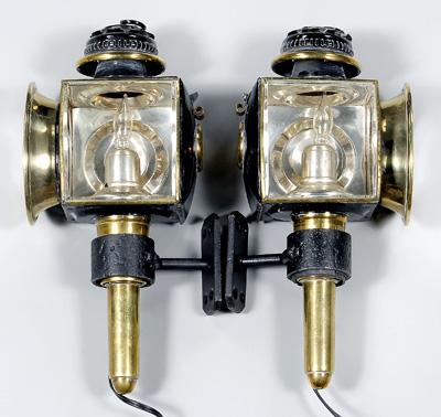 Pair brass carriage lamps: silver