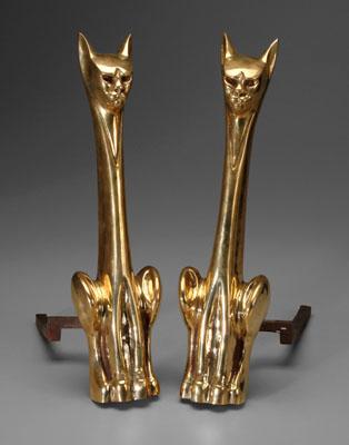 Pair brass cat andirons: seated