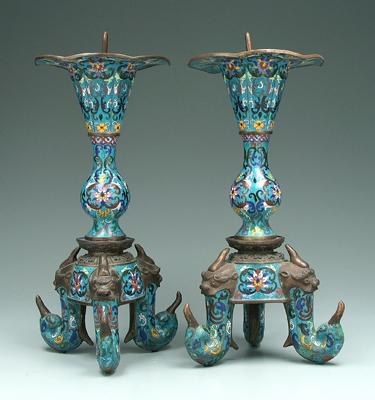 Pair brass cloisonné pricket