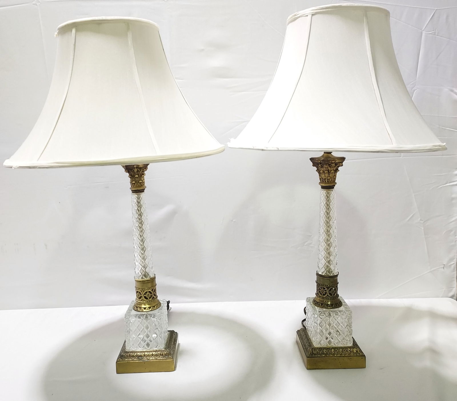 PAIR BRASS & CUT CRYSTAL COLUMN