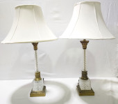 PAIR BRASS & CUT CRYSTAL COLUM