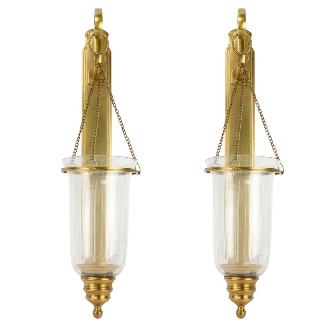 PAIR BRASS CUT GLASS HURRICANE