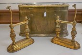 PAIR BRASS FIRE DOGS AND FIREP