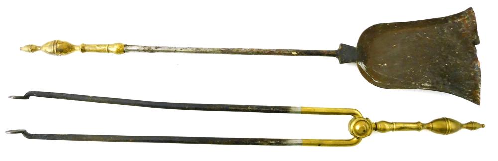 PAIR BRASS HANDLED FIRE TOOLS, C.