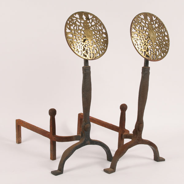 Pair brass medallion andirons; Arts