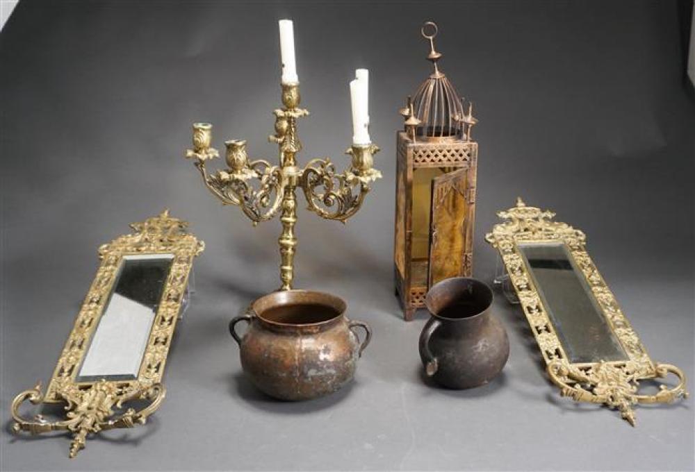 PAIR BRASS MIRRORED-BACK SCONCES,