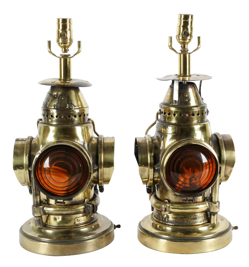 PAIR BRASS-PLATE & COLORED GLASS