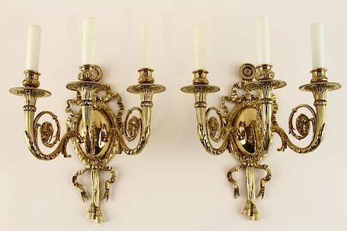 PAIR BRASS VICTORIAN 3-LIGHT WALL