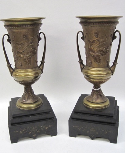 PAIR BRONZE AND MARBLE URNS