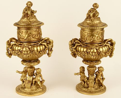 PAIR BRONZE BAROQUE STYLE URNS WITH