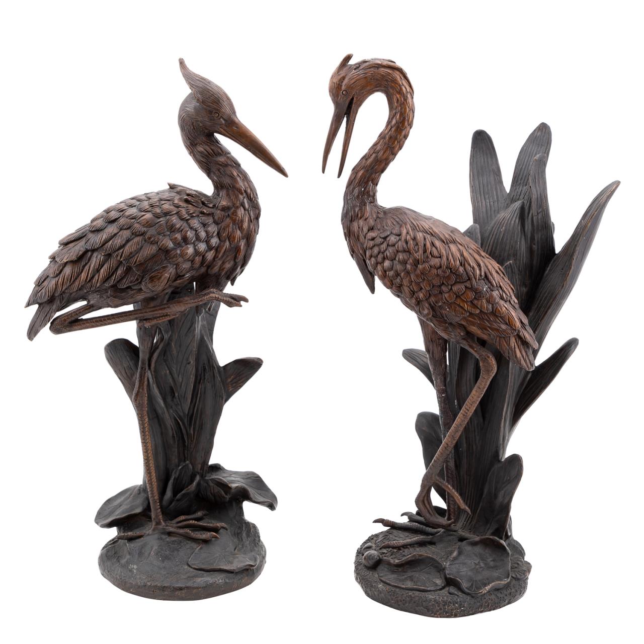 PAIR BRONZE BLUE HERON FIGURES IN A