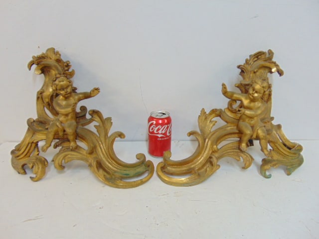 PAIR BRONZE CHENETS WITH PUTTI