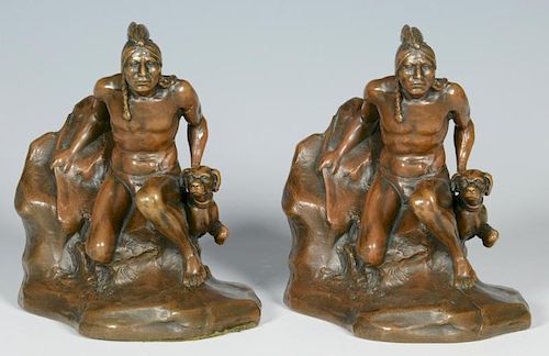 PAIR BRONZE-CLAD BOOKENDS, NATIVE