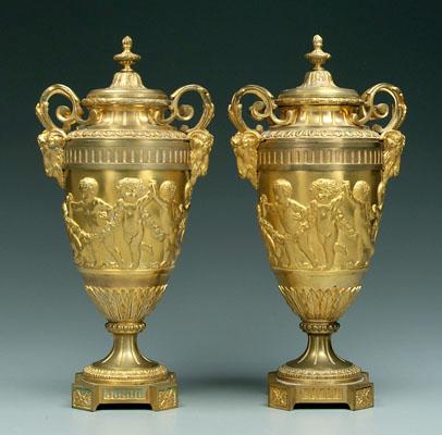 Pair bronze doré urns: scrolled
