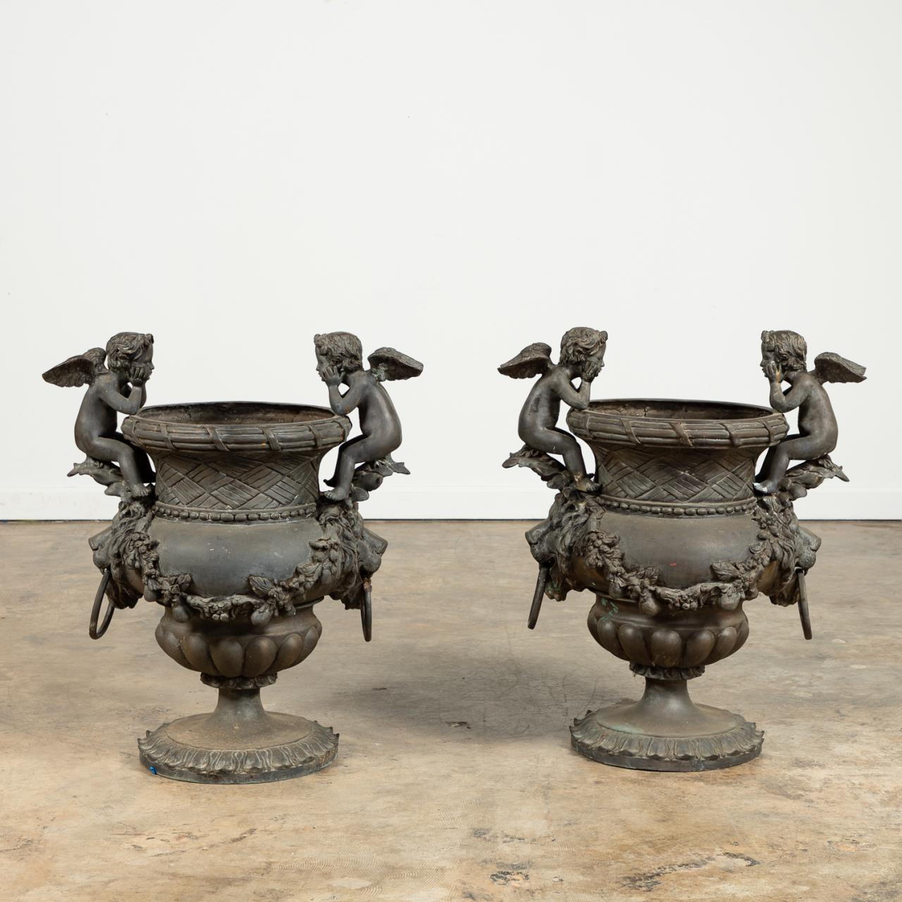 PAIR, BRONZE DOUBLE CHERUB FLORAL