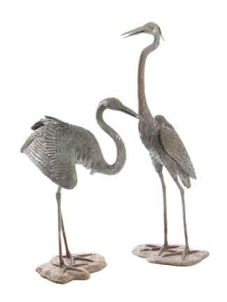 Pair bronze egret fountains