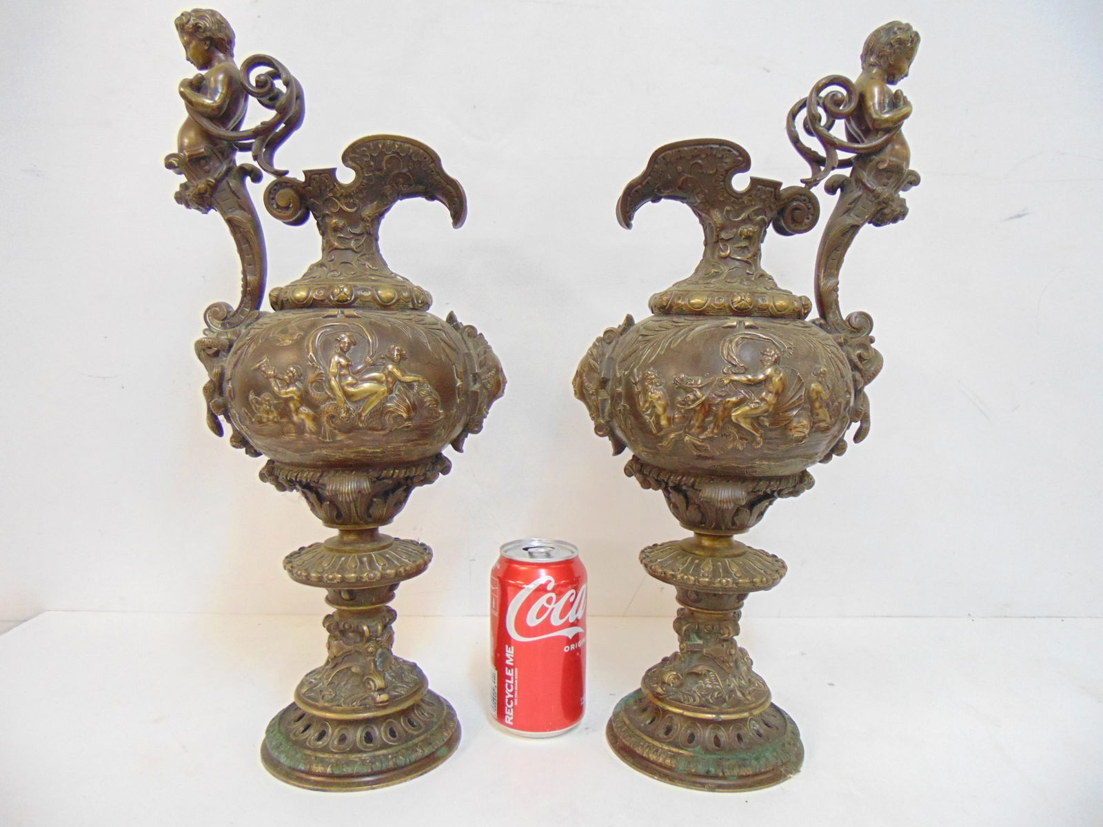 PAIR BRONZE EWERS WITH FIGURAL