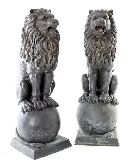 Pair bronze garden lions