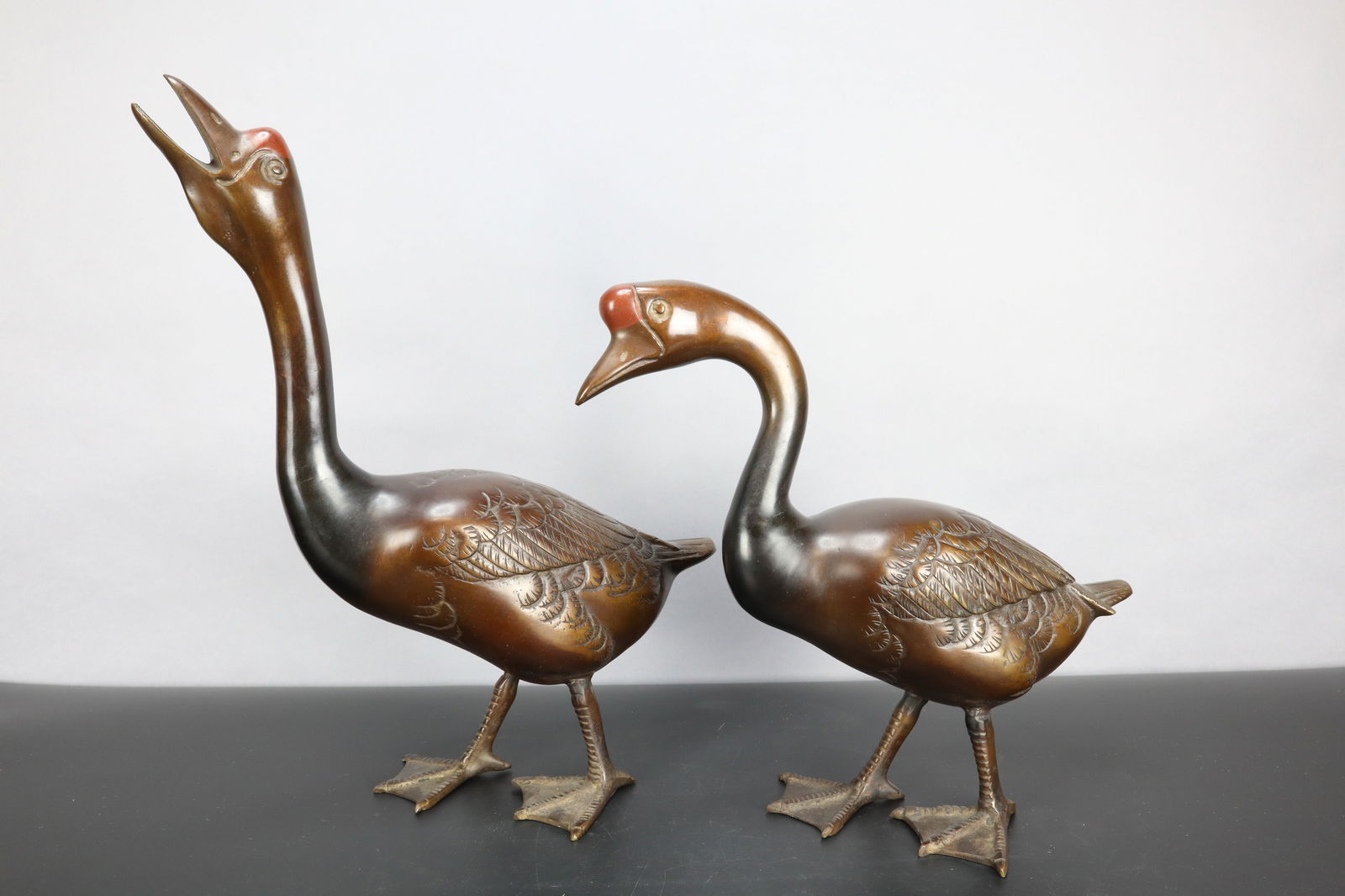 PAIR BRONZE GEESE, MADE IN JAPAN,