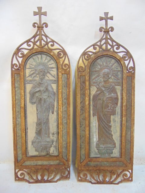 PAIR BRONZE IRON & TOLE RELIGIOUS