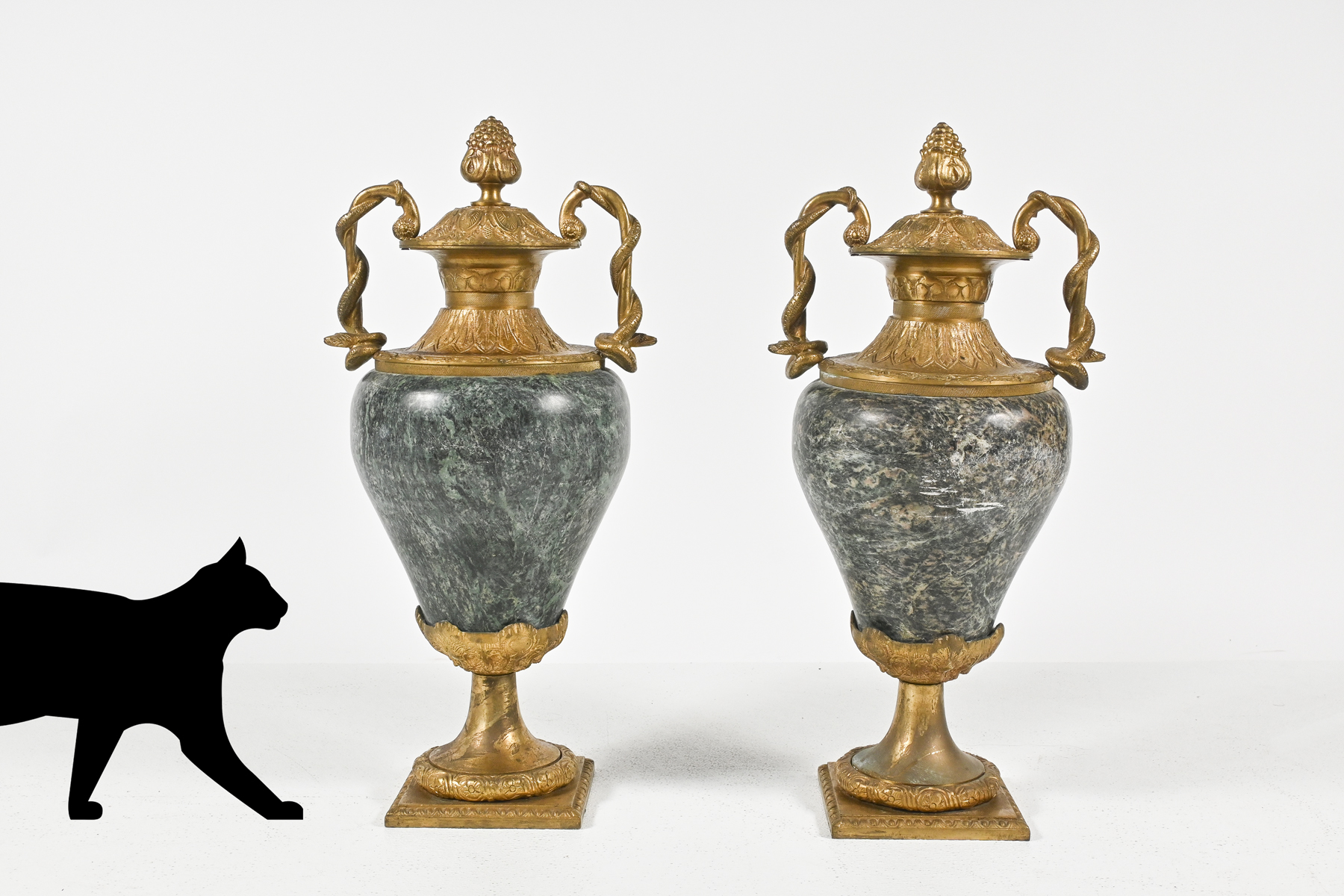 PAIR BRONZE & MARBLE URNS: A pair