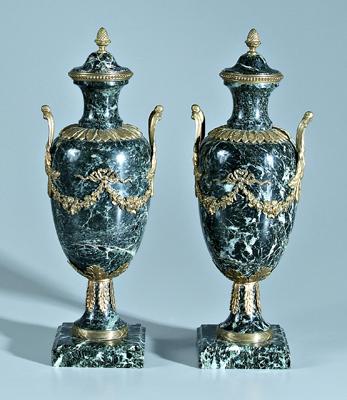 Pair bronze mounted marble urns: