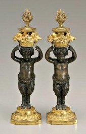 Pair bronze satyr candlesticks
