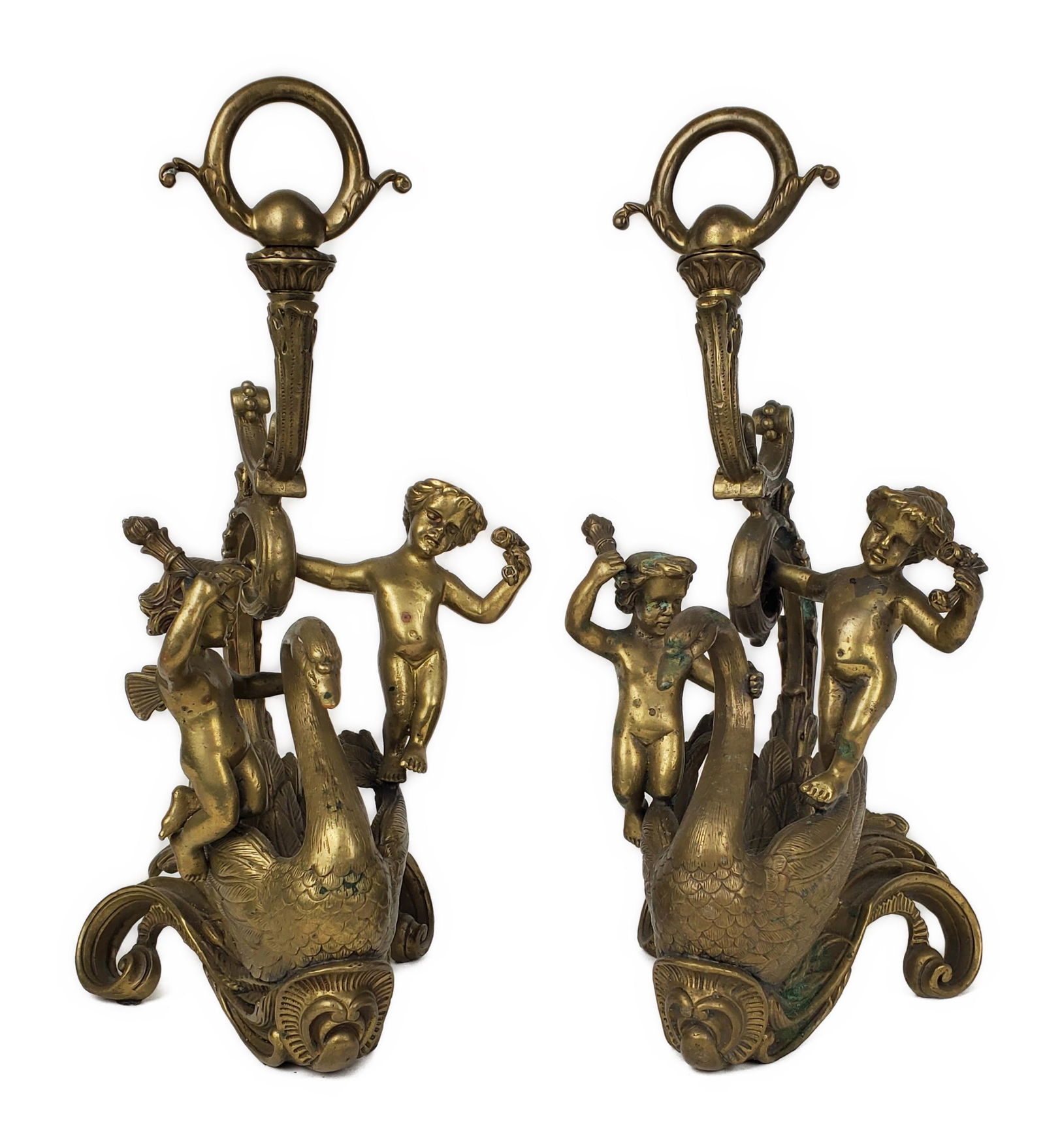 PAIR BRONZE SWANS WITH CUPIDS, 13