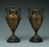 Pair bronze urns: bold mounts,