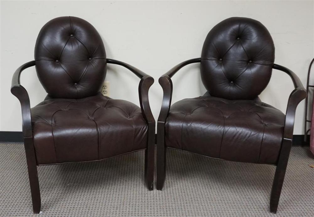 PAIR BROWN BUTTON TUFTED OPEN ARM