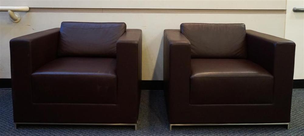 PAIR BROWN LEATHER CLUB CHAIRS BY